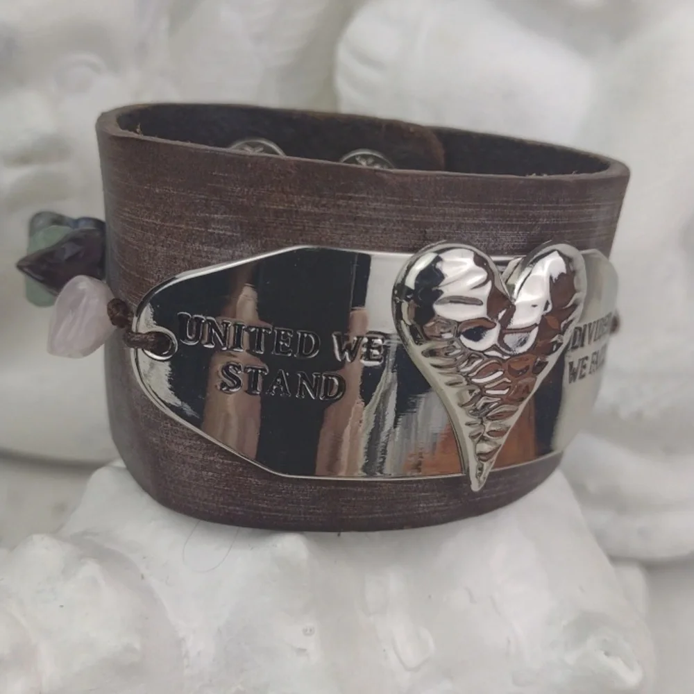 Leather Cuff Bracelet W/Crafted Hammered Silver Heart 